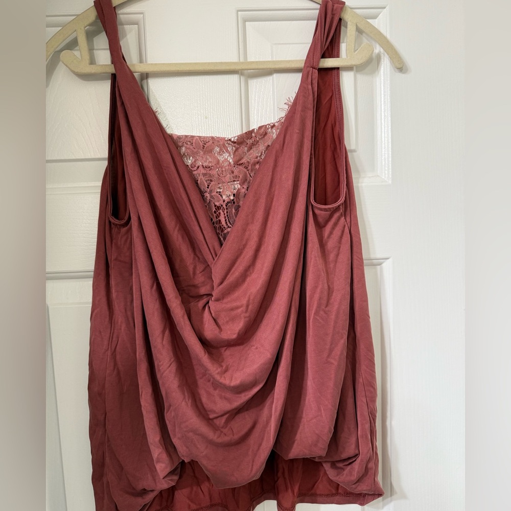 POL Lace-Trimmed Draped Terracotta Top - Medium